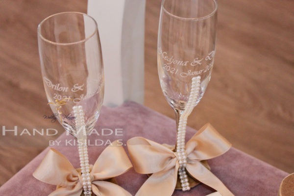 Wedding Champagne Glasses- Velvet & Pearls Trim